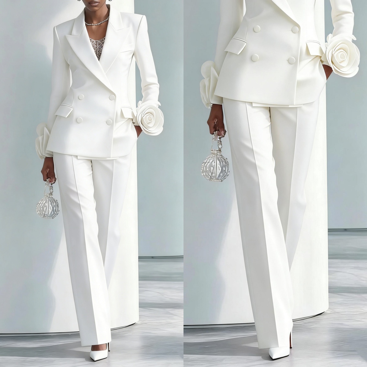 Women Formal Wear For Graduation - 2 조각 흰색 꽃 여성 바지