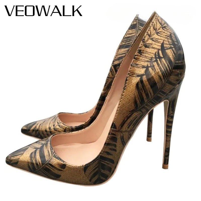 Women Formal Wear Heels - Veowalk 여성용 메탈릭 골드 패턴 펌프스