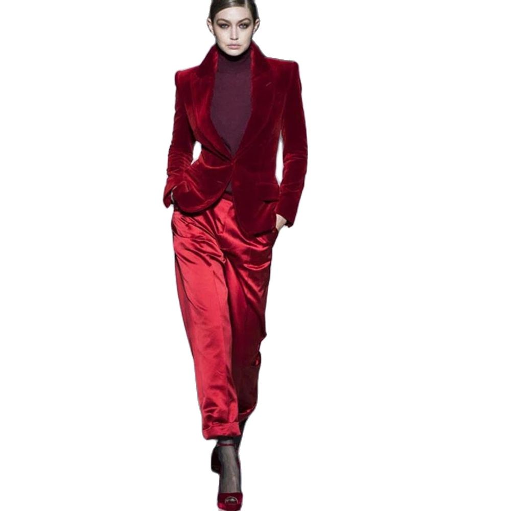 Women Formal Wear Outfits - 여성 바지 정장 와인 레드 벨벳