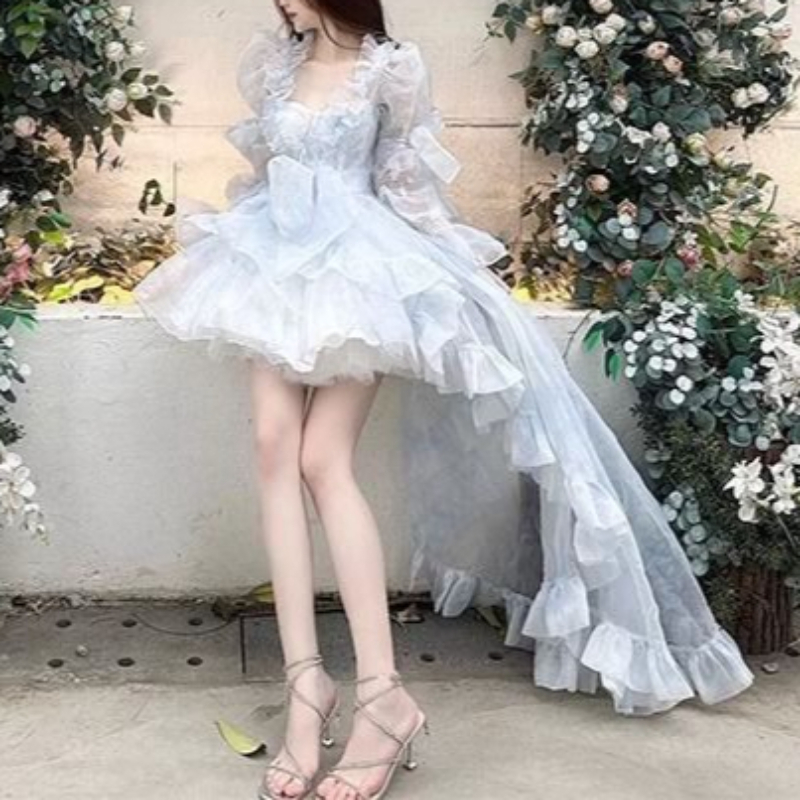 스위트 로리타 프렌치 퍼프 슬리브 레이스 보우 러플 티 - Women Formal Wear For Graduation 리뷰 및 가격