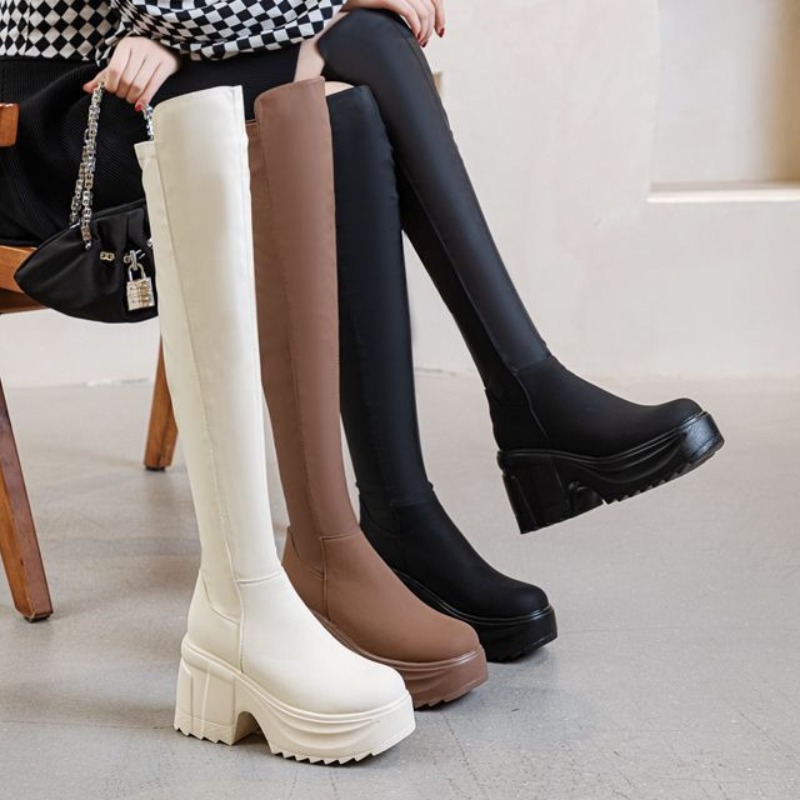 여성용 무릎 높이 두꺼운 밑창 넓은 굽 부츠 천연 가죽 - Women Formal Wear Heels 리뷰 및 가격