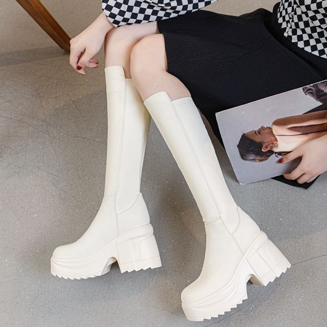 여성용 무릎 높이 두꺼운 밑창 넓은 굽 부츠 천연 가죽 - Women Formal Wear Heels 리뷰 및 가격