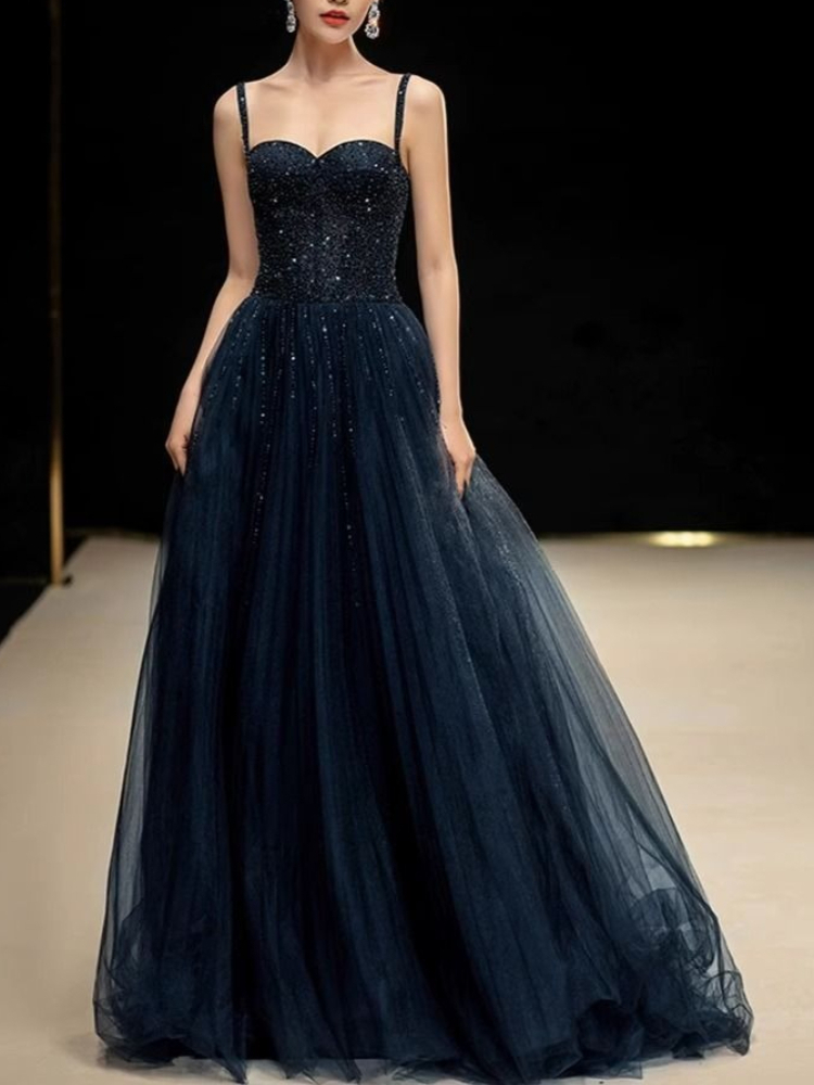 우아한 공주 네이비 블루 스팽글 스파게티 스트랩 스윗하 - Women Formal Wear For Graduation 리뷰 및 가격