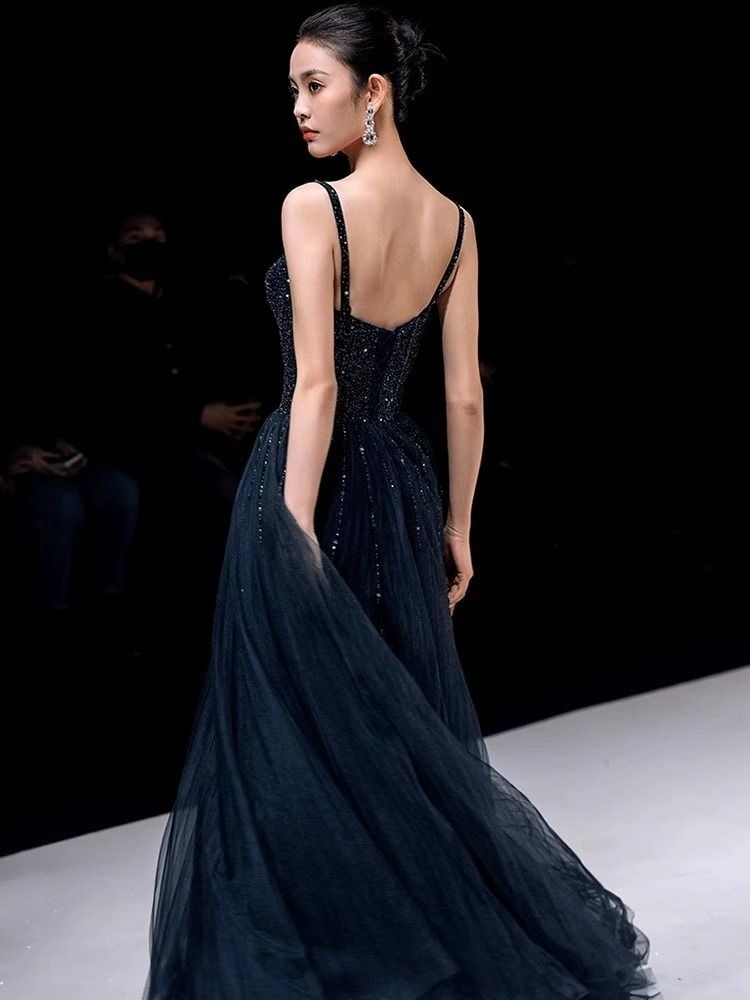 우아한 공주 네이비 블루 스팽글 스파게티 스트랩 스윗하 - Women Formal Wear For Graduation 리뷰 및 가격
