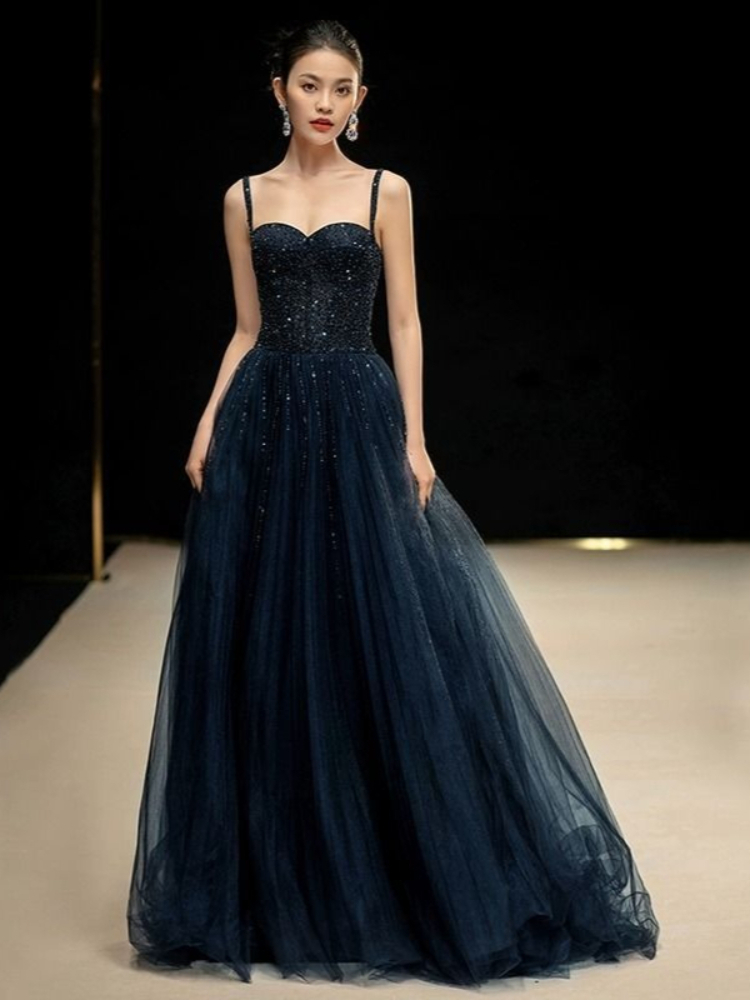 우아한 공주 네이비 블루 스팽글 스파게티 스트랩 스윗하 - Women Formal Wear For Graduation 리뷰 및 가격